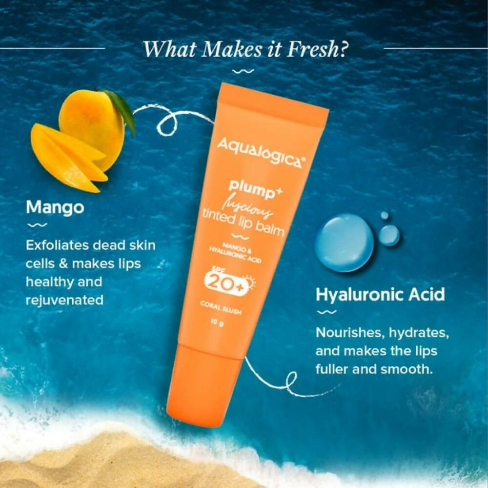 Aqualogica Coral Slush Plump+ Luscious Tinted Lip Balm with Mango and Hyaluronic Acid, SPF 20+