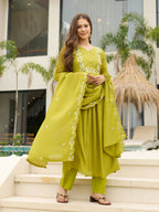 The52 Lemons Women's Gorgeous Chinon Embroidered Flared Kurta with Pant And Dupatta Set - Distacart