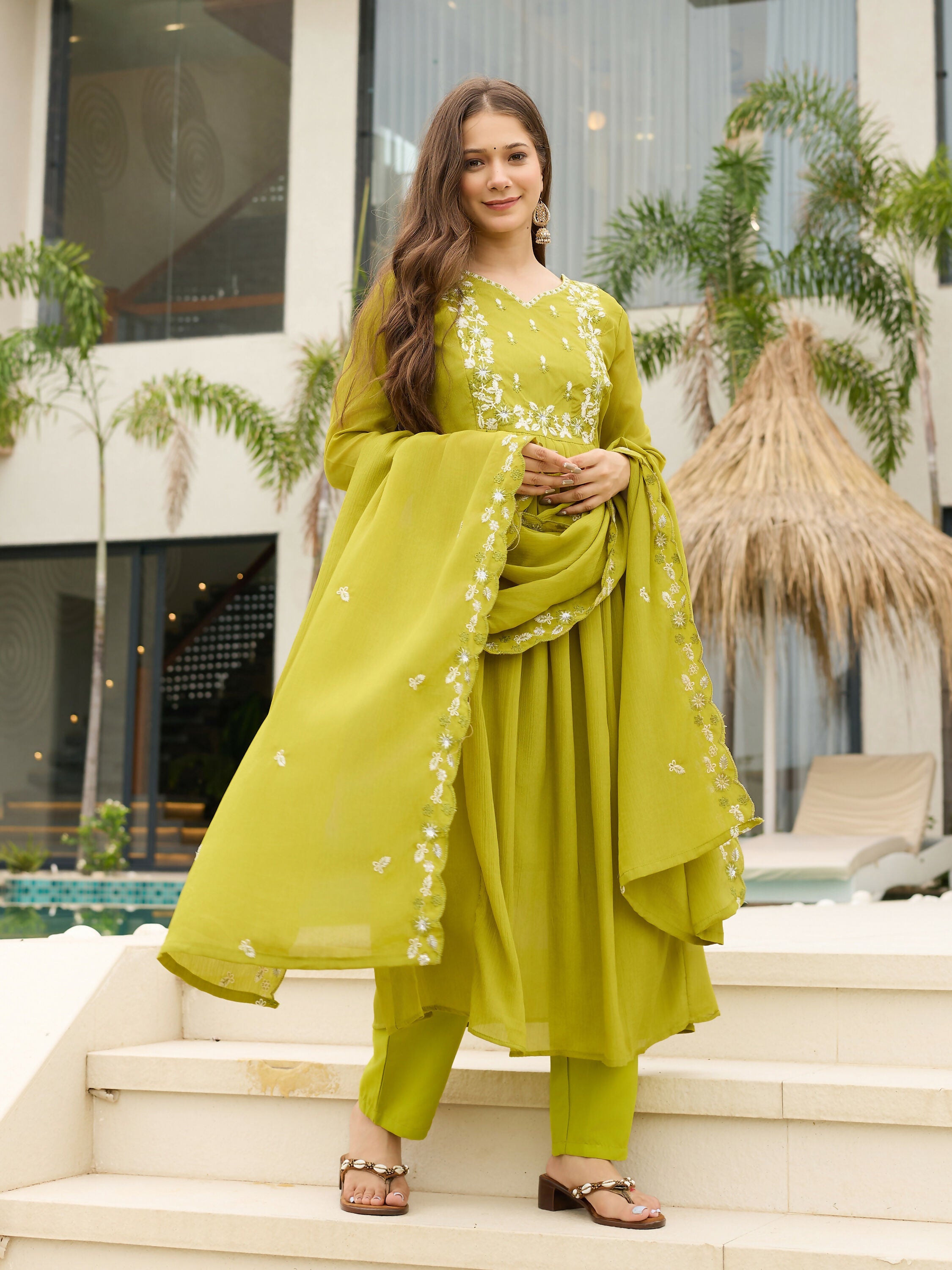 The52 Lemons Women's Gorgeous Chinon Embroidered Flared Kurta with Pant And Dupatta Set - Distacart