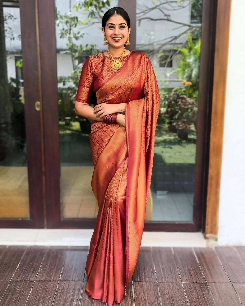 DEIANA'S Beautiful Designer Golden zari Soft Lichi Silk Saree - Maroon