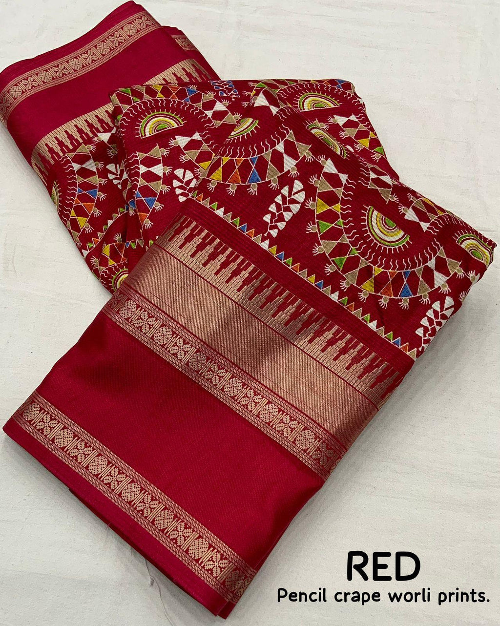 Red Cotton Blend Ethnic Motifs Saree with Unstitched Blouse - A2M - Distacart