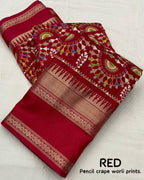 Red Cotton Blend Ethnic Motifs Saree with Unstitched Blouse - A2M - Distacart