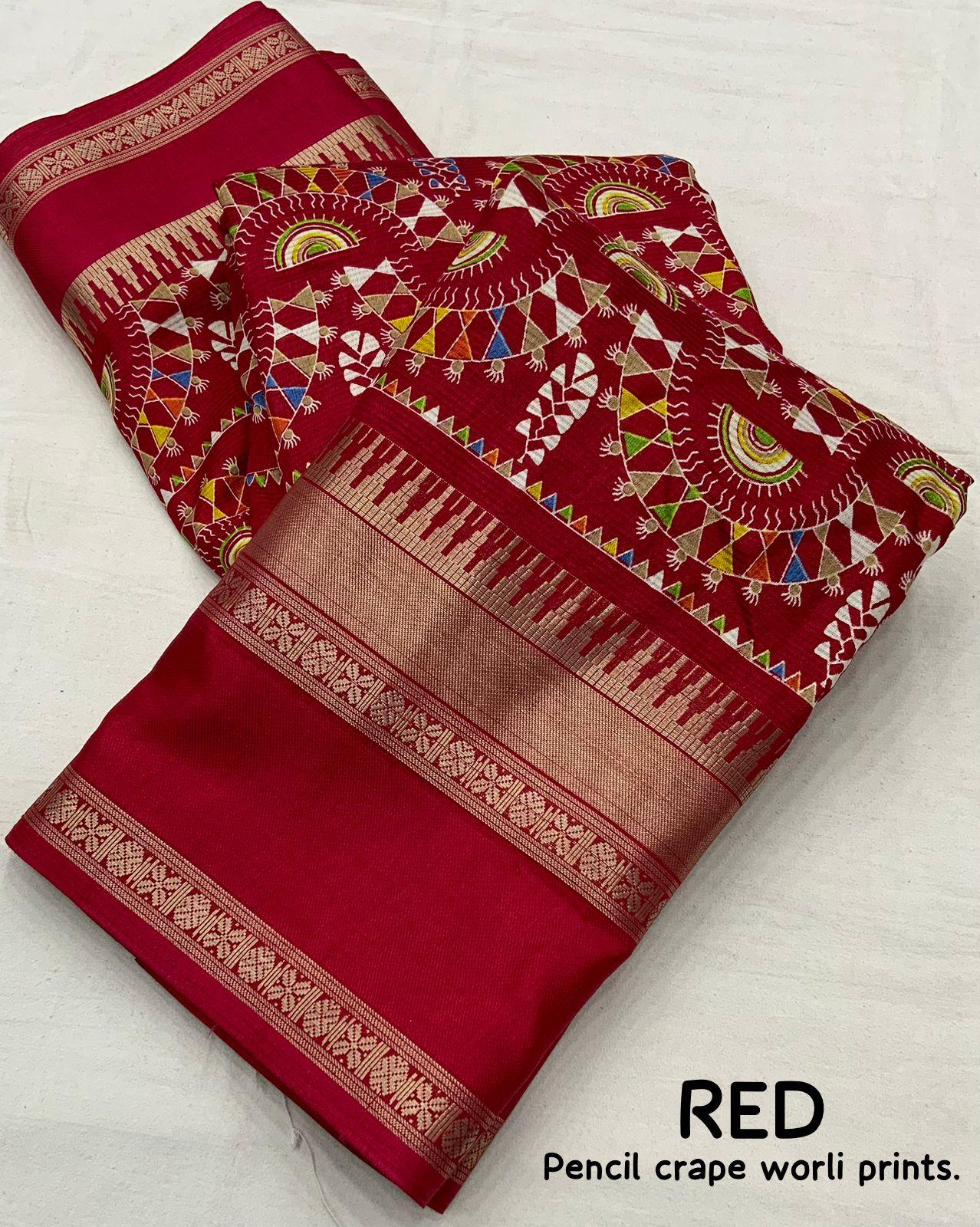 Red Cotton Blend Ethnic Motifs Saree with Unstitched Blouse - A2M - Distacart