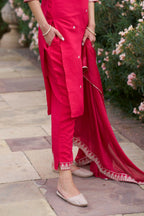The52 Red Women's Gorgeous Embroidered Rayon Slub Fabric Straight Kurta Pant with Dupatta Set - Distacart