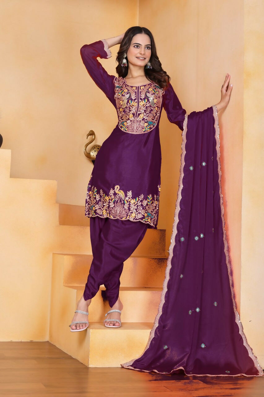 Teeya Creation Wine Color Chinon Silk Party Wear Punjabi Dhoti Suit - Distacart