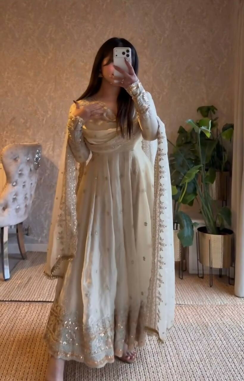 Teeya Creation White Fendy Silk Designer Heavy Work Wedding Wear Long Gown - Distacart