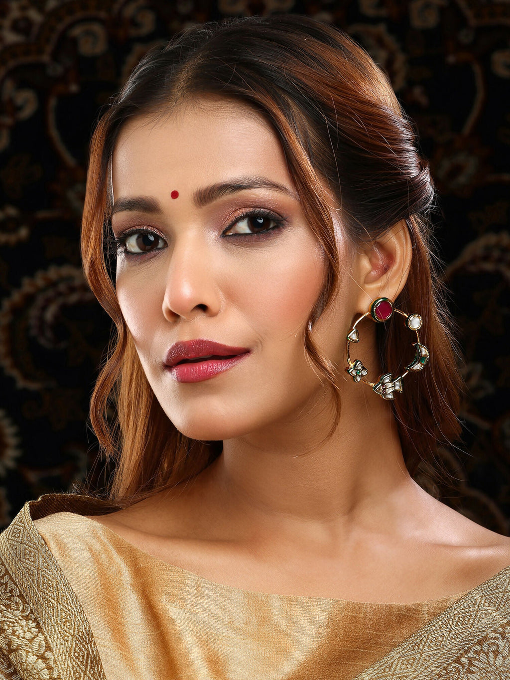 Ruby Raang Gold Polished Kundan Work Multi-Color Round Kundan Earrings