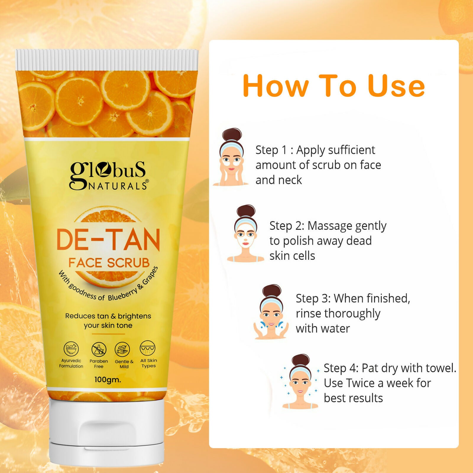 Globus Naturals De Tan Face Scrub, Suitable For All Skin Types