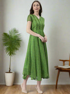 Souchii Green Printed Midi Dress – Flowy Fit & Flare