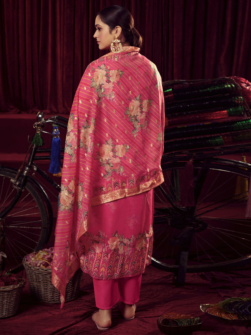 Jyoti Fashion Women's Magenta Organza Jacquard Woven Kurta with Trouser & Dupatta