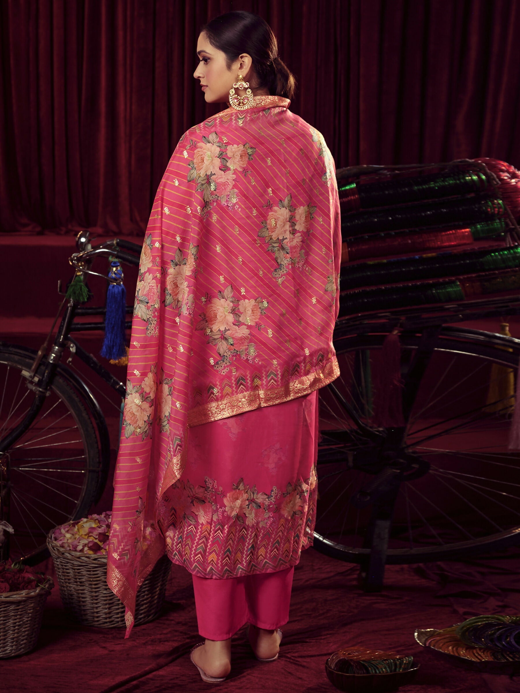 Jyoti Fashion Women's Magenta Organza Jacquard Woven Kurta with Trouser & Dupatta
