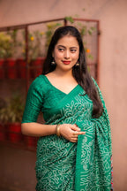 Green Silk Blend Ajrak Saree with Unstitched Blouse - Hiral Fashion
