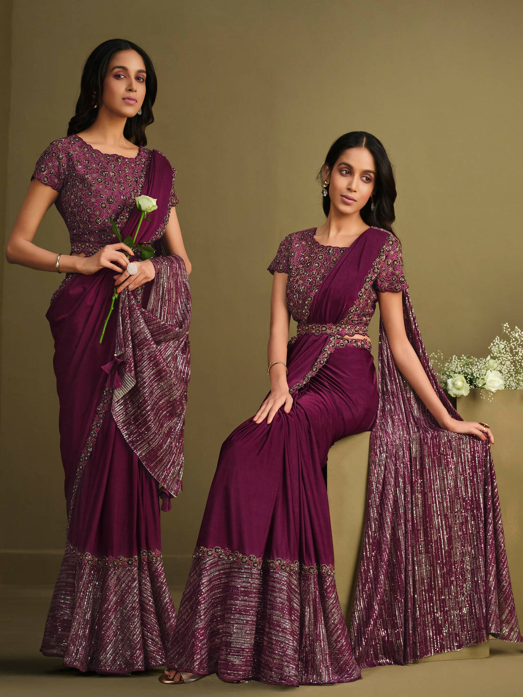 Maroon Crystal Silk Sequence Embroidered Saree With Stitched Blouse - Mohmanthan La Belle