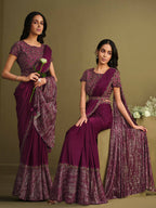 Maroon Crystal Silk Sequence Embroidered Saree With Stitched Blouse - Mohmanthan La Belle