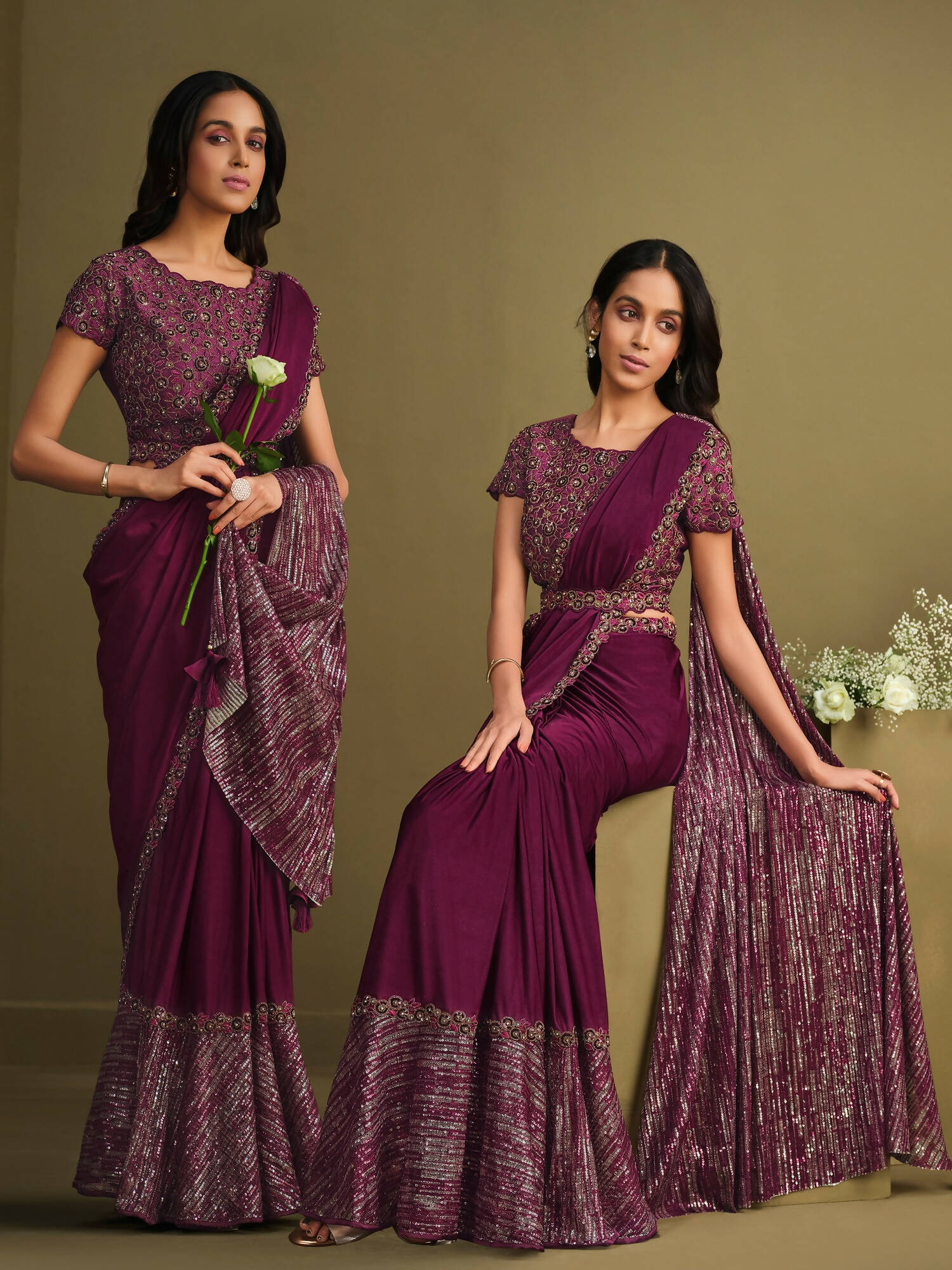 Maroon Crystal Silk Sequence Embroidered Saree With Stitched Blouse - Mohmanthan La Belle