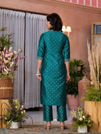 Juniper Women's Rama Green Ethnic Motif Printed Cotton Kurta Pant And Dupatta Set With Zari Work