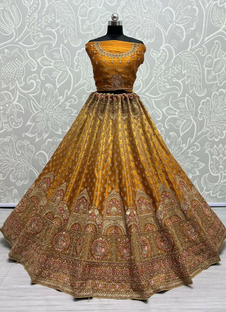 Jyoti Fashion Women's Golden Bridal Net Fancy Dori & Sequins Multi Thread Embroidered with Diamond Work Wedding Lehenga Choli
