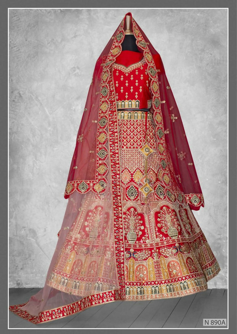 Red Velvet Cord Embroidery With Beads & Stones Lehenga Choli - Nimaya Tyohar