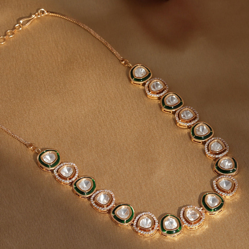 Kundan and Diamond Neckpiece with Meenakari (Gold) - Ruby Raang