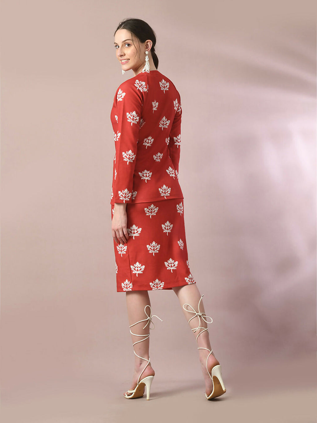 Myshka Women's Rust Printed Round Neck Party Top With Skirt Co-ord set