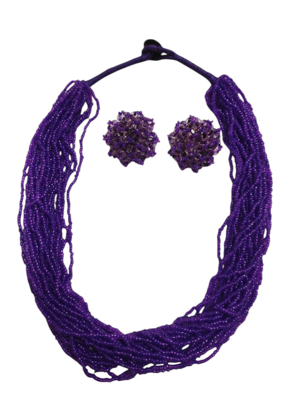 Inhanns Vibrant Handmade 20 Layers Beaded Necklace With Matching Earrings - Purple
