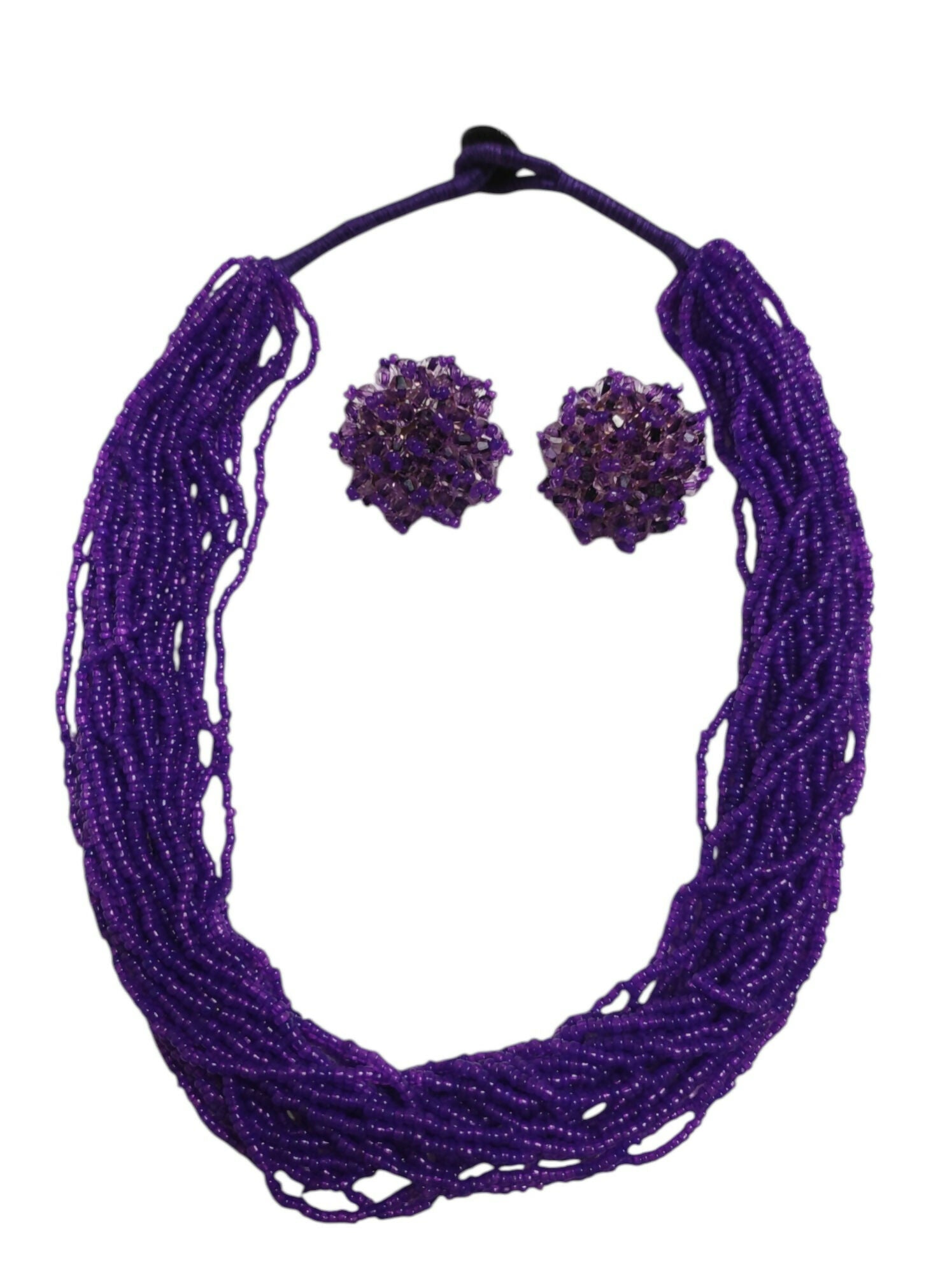 Inhanns Vibrant Handmade 20 Layers Beaded Necklace With Matching Earrings - Purple