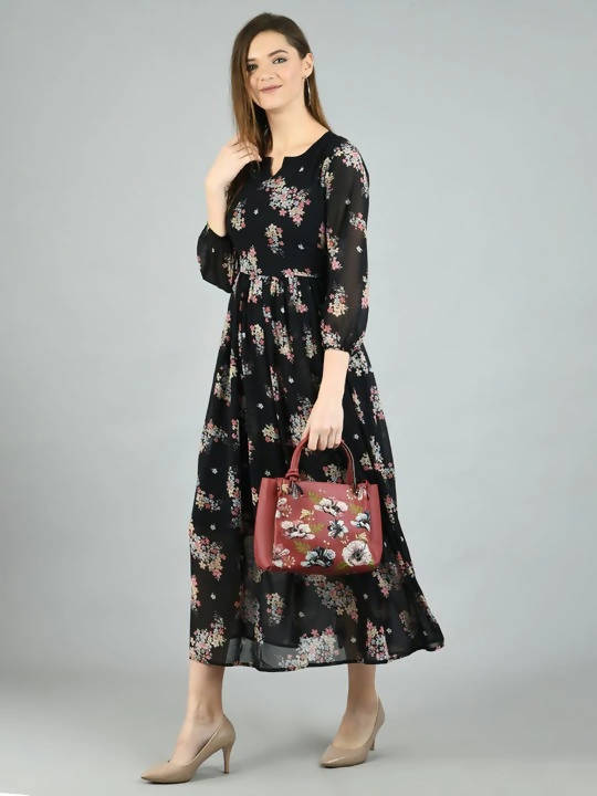 Myshka Women's Black Georgette Printed 3/4 Sleeve Round Neck Casual Dress - Distacart