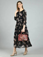 Myshka Women's Black Georgette Printed 3/4 Sleeve Round Neck Casual Dress - Distacart