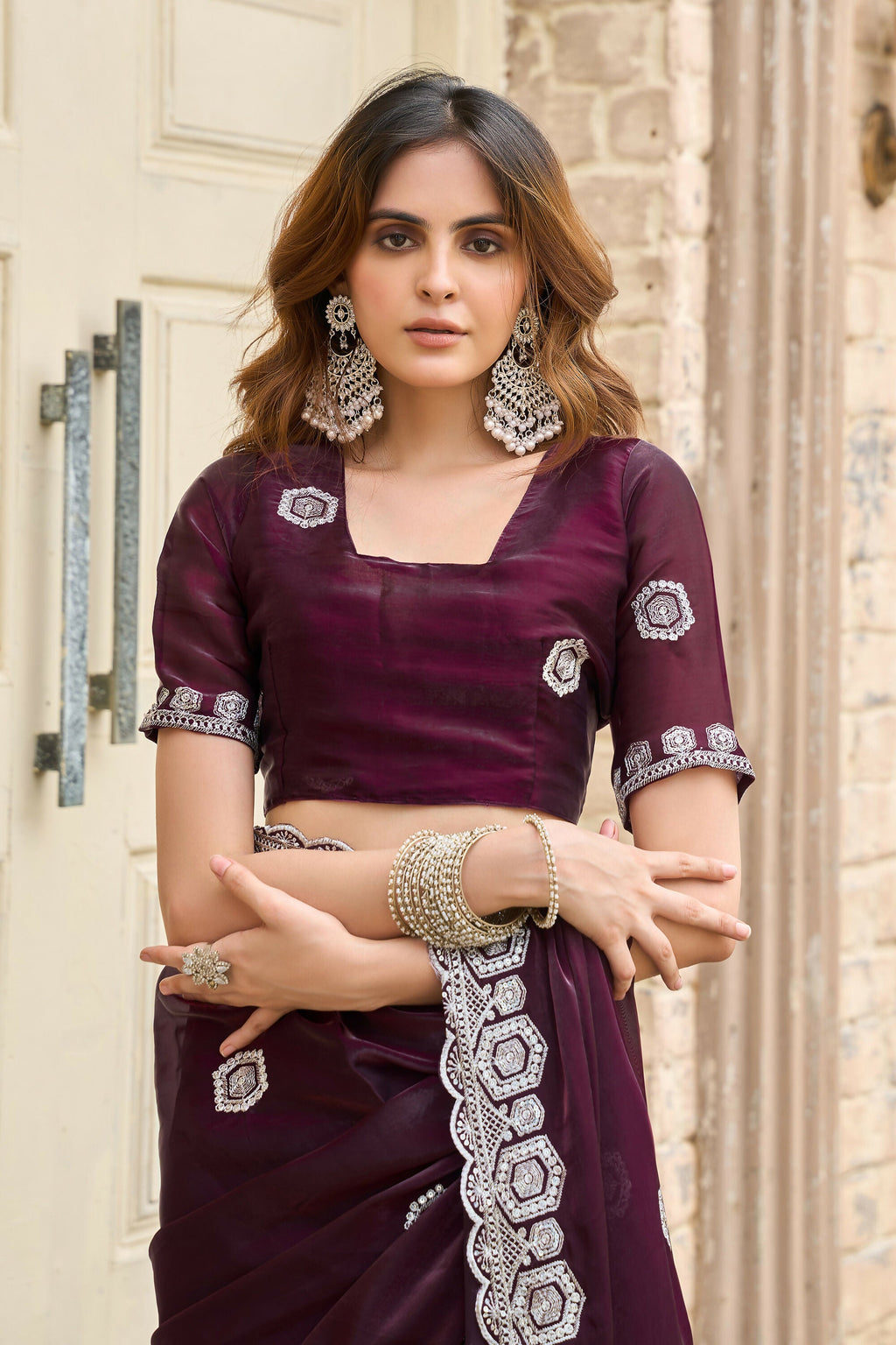 Vastranavya Wine Embroidery Work Shimmer Chiffon Saree with Unstitched Blouse - Distacart