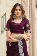 Vastranavya Wine Embroidery Work Shimmer Chiffon Saree with Unstitched Blouse - Distacart