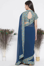 Little Bansi Floral Print Ready To Wear Saree And Floral Blouse - Blue