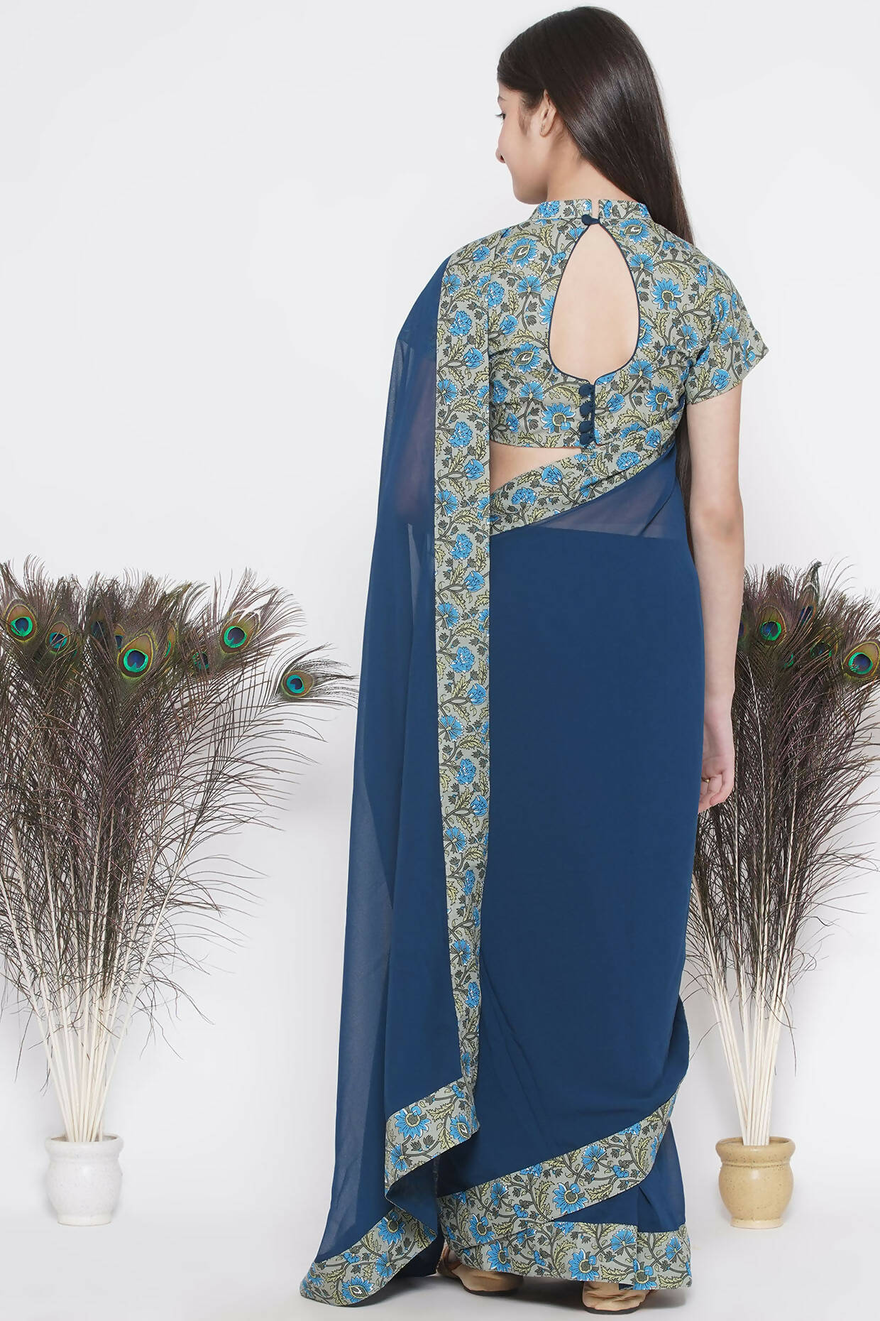 Little Bansi Floral Print Ready To Wear Saree And Floral Blouse - Blue