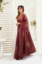 Vastranavya Dark Brown Digital Printed Linen Ready To Wear Designer Saree with Unstitched Blouse - Distacart