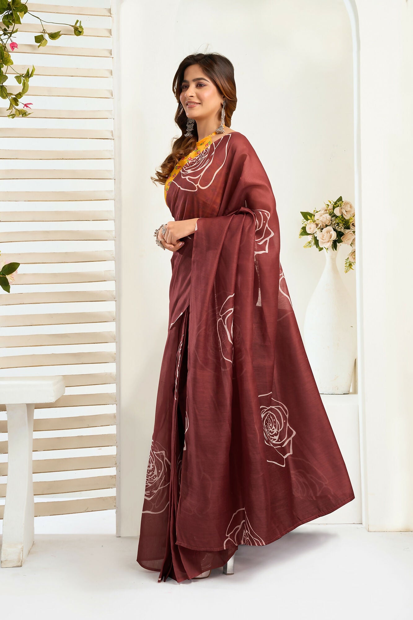 Vastranavya Dark Brown Digital Printed Linen Ready To Wear Designer Saree with Unstitched Blouse - Distacart