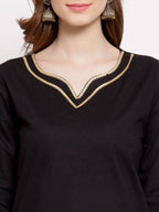 Myshka Women's Black Cotton Half Sleeve V Neck Solid Casual kurta Pant Dupatta Set