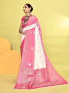 Joban Fashion White & Rani Pink Plain With Weaving Border Banarasi Silk Sarees