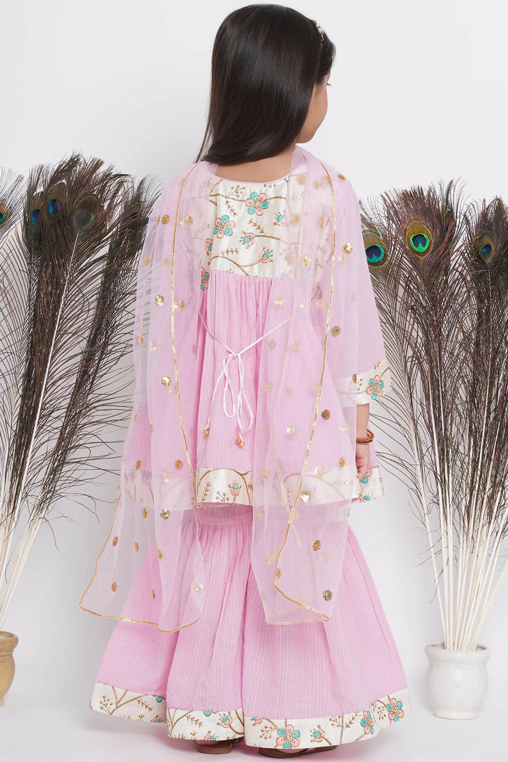 Little Bansi Floral Embroidery Jacket With Cotton Kantha Frock Sharara And Dupatta With Ghungroo Handwork - Pink