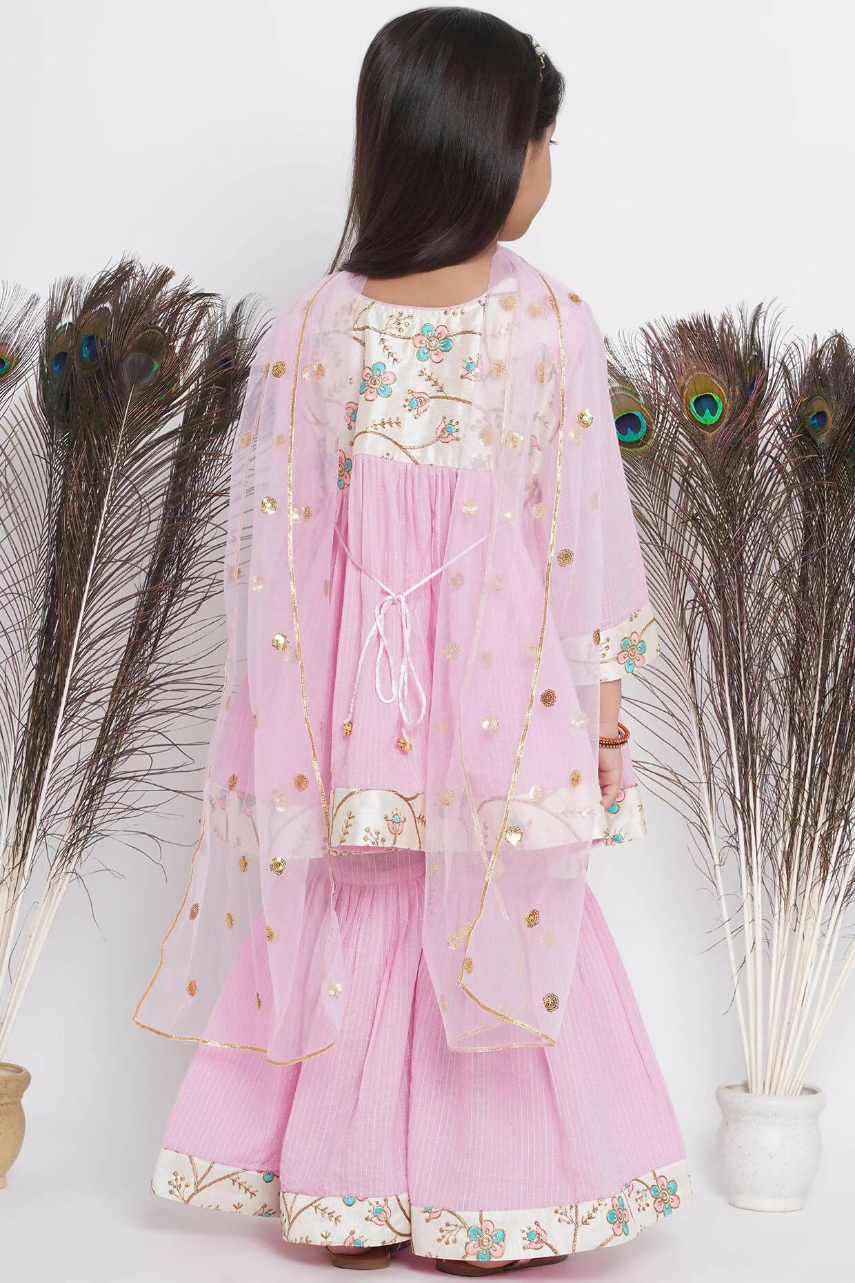 Little Bansi Floral Embroidery Jacket With Cotton Kantha Frock Sharara And Dupatta With Ghungroo Handwork - Pink