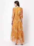 Myshka Women's Brown Organza Printed 3/4 Sleeve V Neck Casual Dress