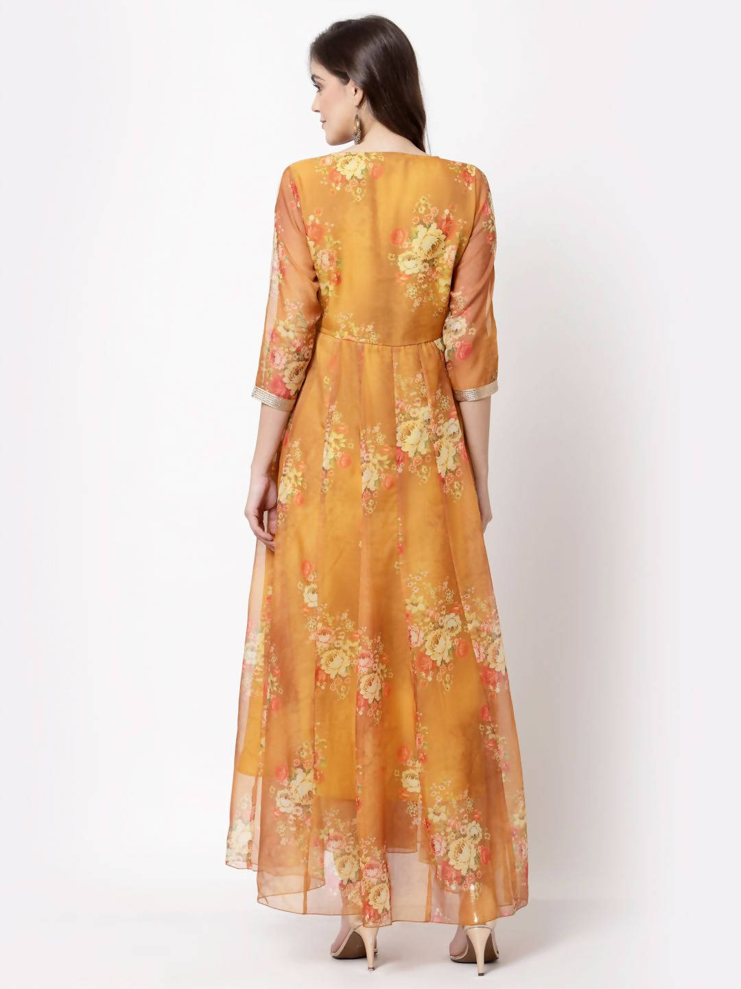 Myshka Women's Brown Organza Printed 3/4 Sleeve V Neck Casual Dress