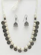 NVR Women's White Silver-Plated Choke Oxidized Necklace with Jhumka Earrings