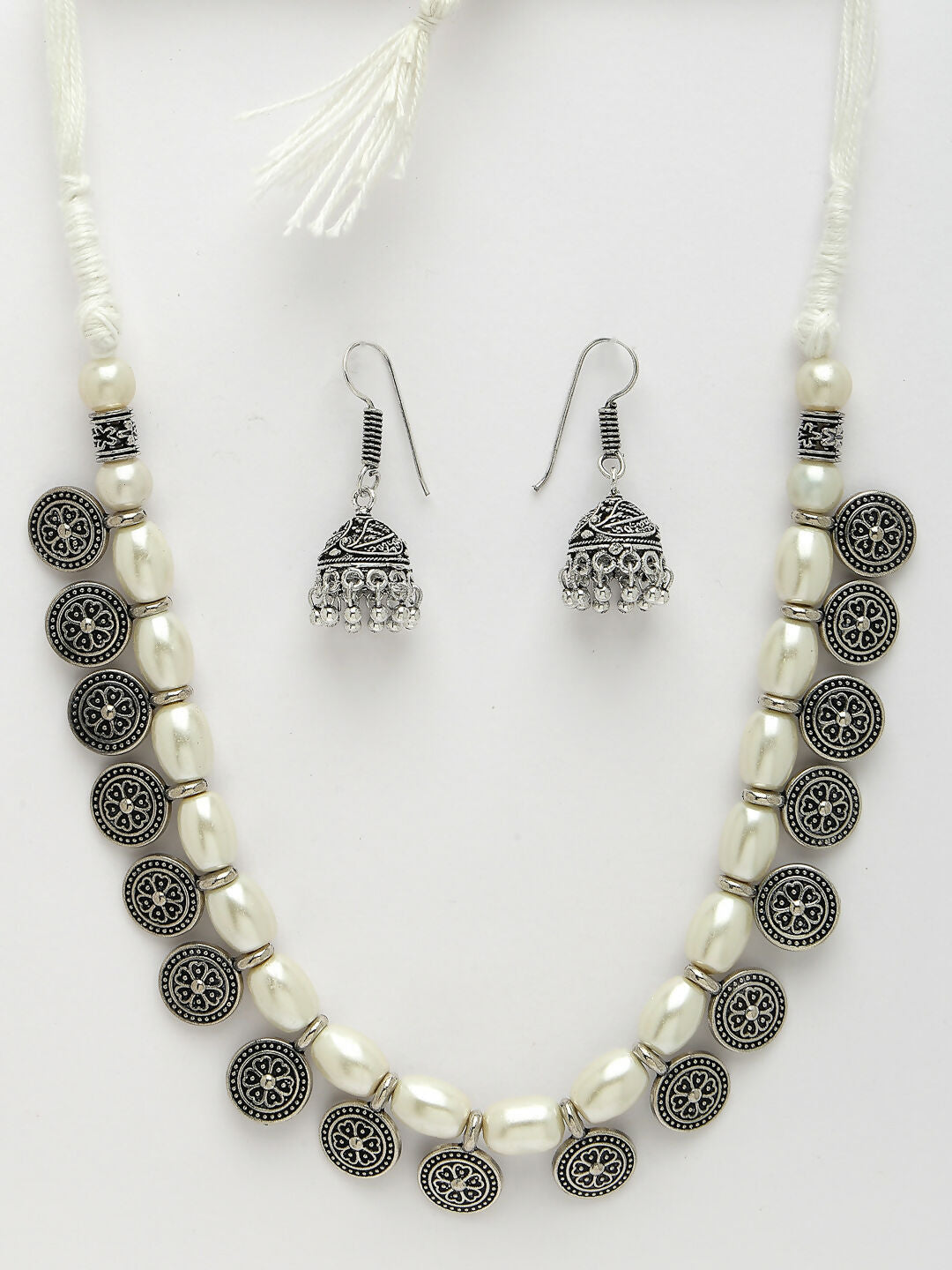 NVR Women's White Silver-Plated Choke Oxidized Necklace with Jhumka Earrings