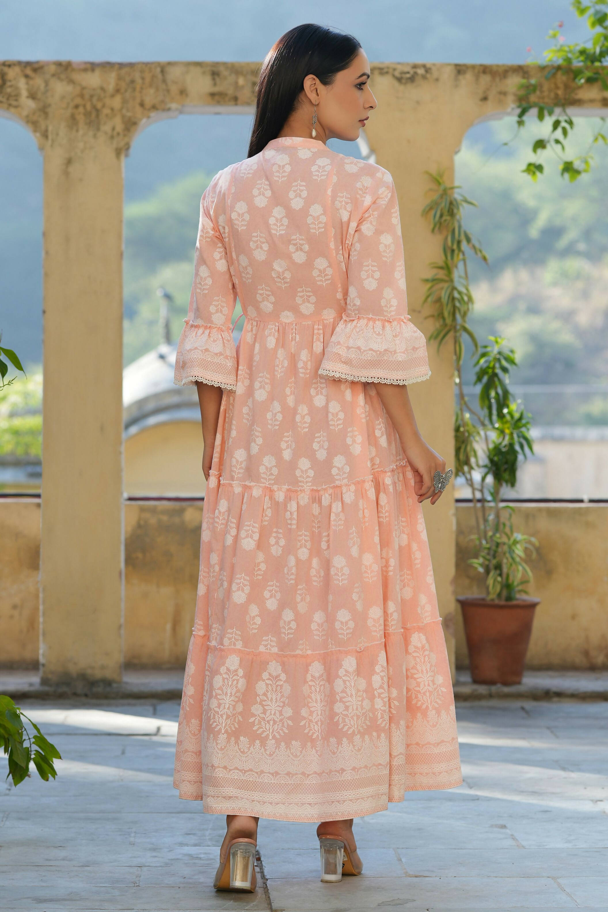 Juniper Women's Peach Cambric Floral Printed Maxi Tiered Dress - Distacart