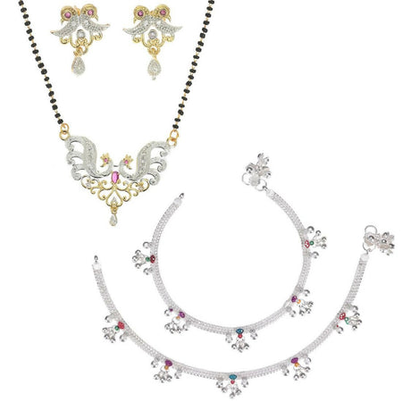 AanyaCentric Gold-Polished Mangalsutra Pendant Earring Set & Silver Plated Anklet