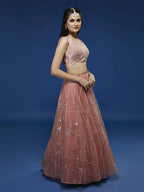 House of Panchhi Peach Net Sequinse Embroidered Lehenga & Blouse with Dupatta