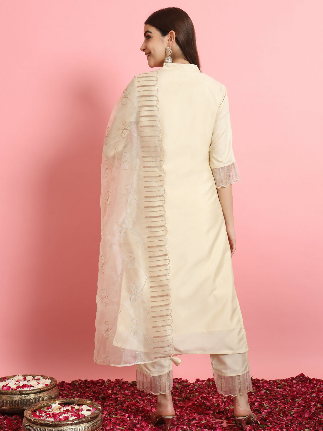 Vellora Elegant Beige Silk Blend Casual Wear Embroidered Salwar Suit