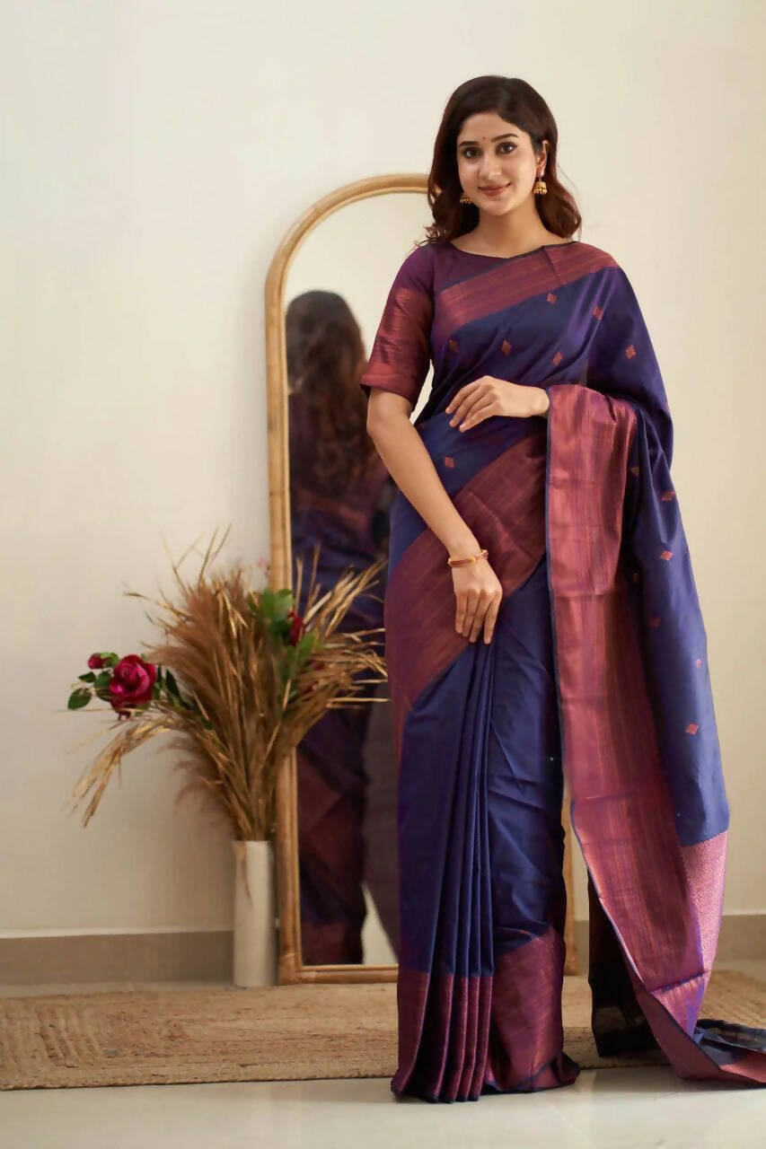 DEIANA'S Beautiful Designer Golden zari Soft Lichi Silk Saree - Navy Blue