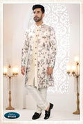 Joban Fashion Men's Cream Straight Malai Silk Thread And Sequence Embroidery All Over 3 Pc Kurta Set