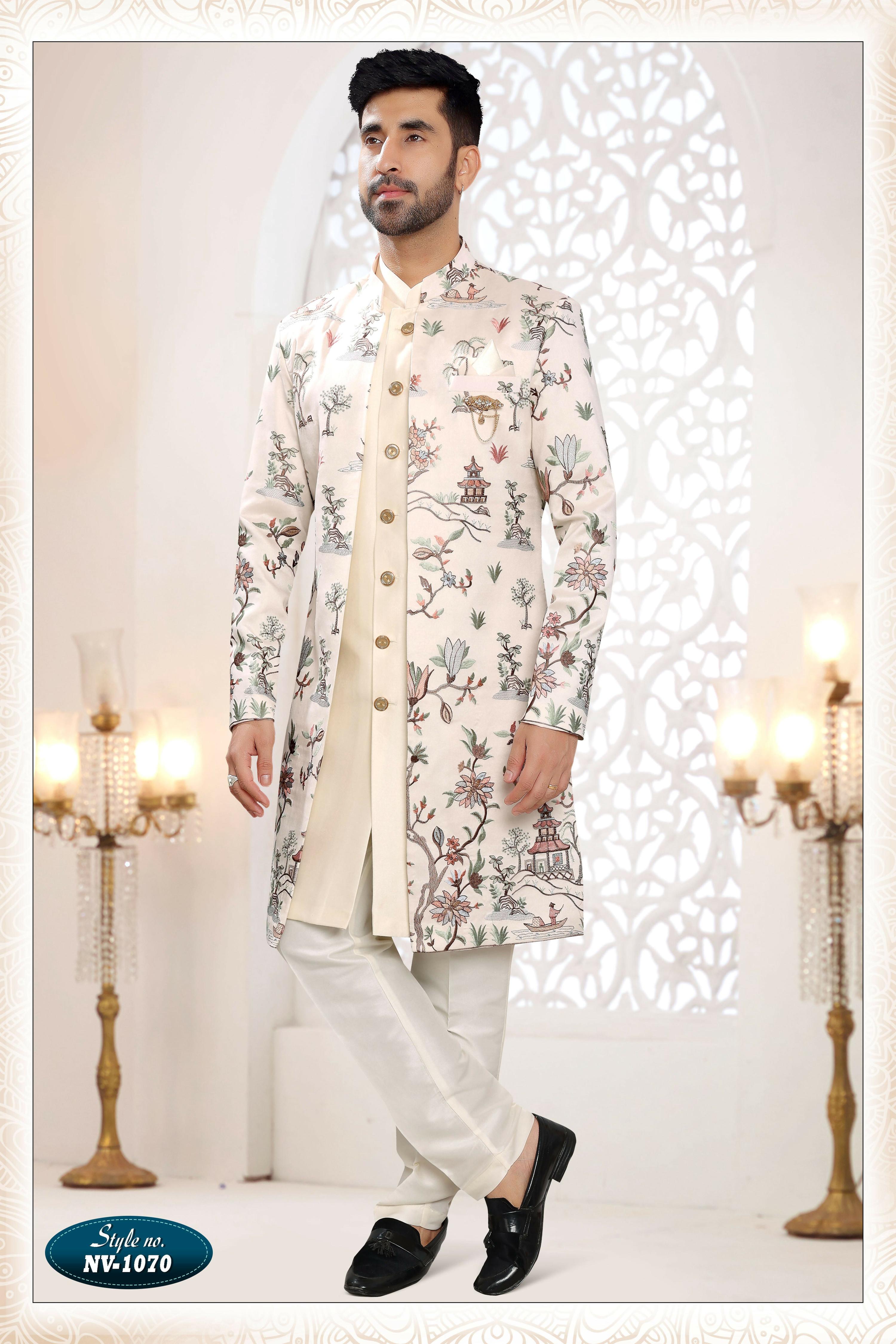 Joban Fashion Men's Cream Straight Malai Silk Thread And Sequence Embroidery All Over 3 Pc Kurta Set