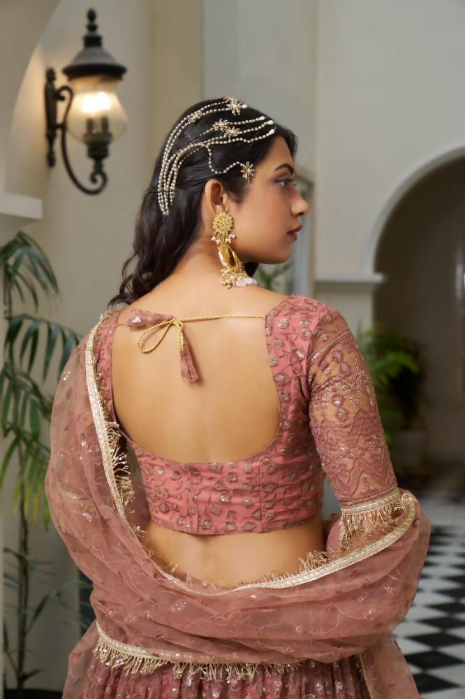 Aastha Fashion Rust Butterfly Net Tone To Tone Cotton Thread Work And Sequence Work Embroidery Wedding Wear Lehenga Choli